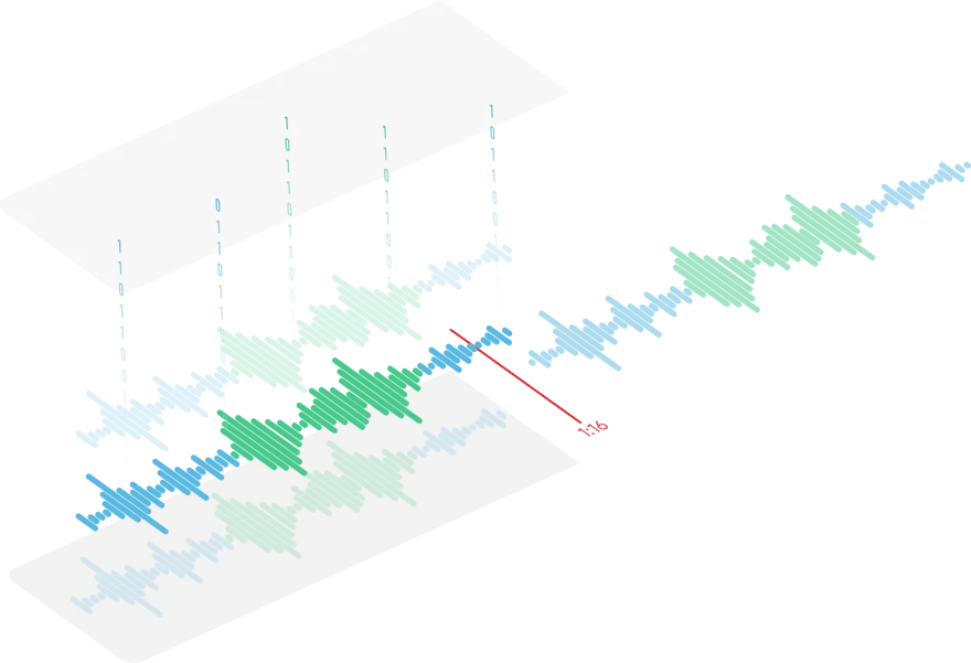 Illustratie van audiogolven uit gesprekken die worden omgezet in datalagen voor analyse